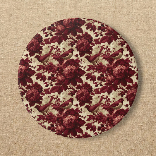 Vintage Toile de Jouye Floral Bird Pattern Ceramic Coaster | Burgundy Rose Botanical