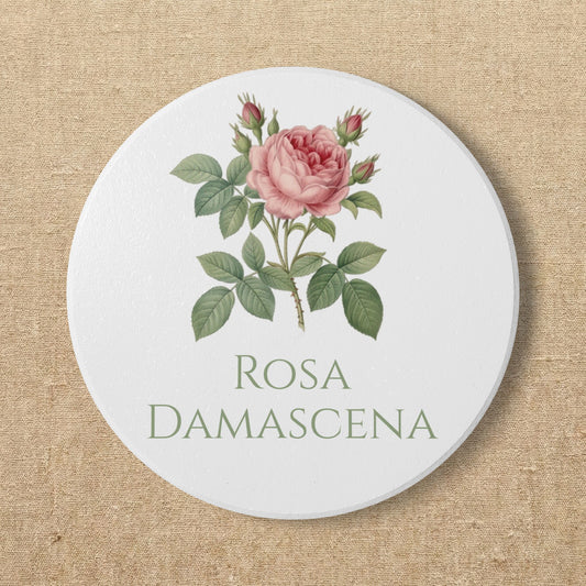 Rosa Damascena Rose Illustration Ceramic Coaster, Customizable Text