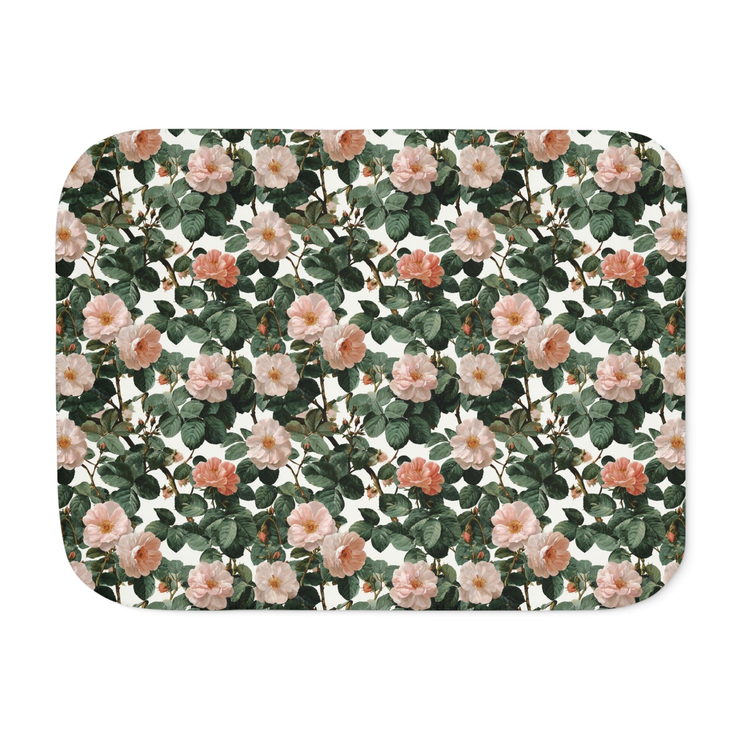 Roses Blossom Floral Sherpa Blanket | Green Leaves, Cozy Reversible Throw