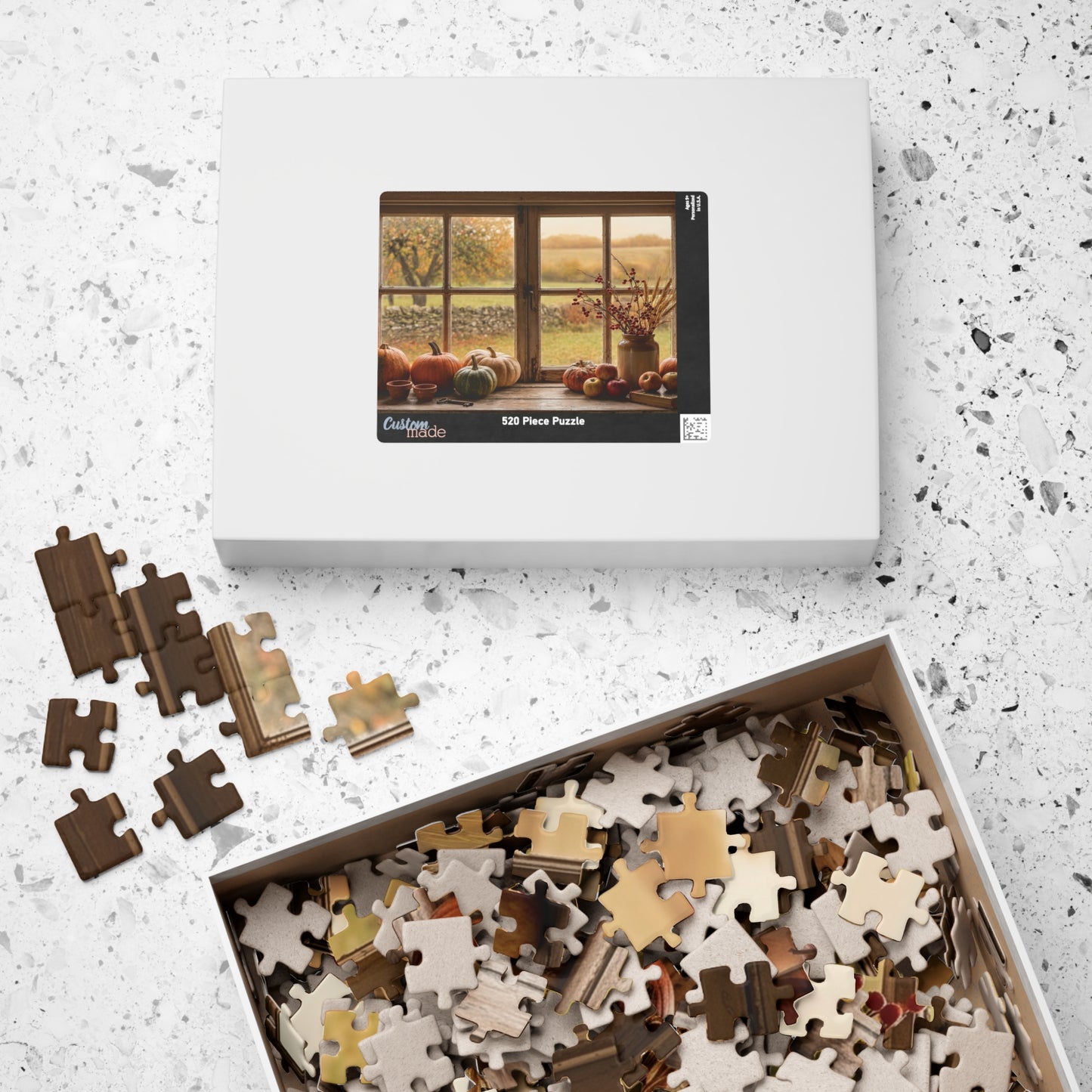 Autumn Harvest Window Puzzle 110, 252, 520, or 1014 Pieces | Fall Pumpkins Apples Still Life