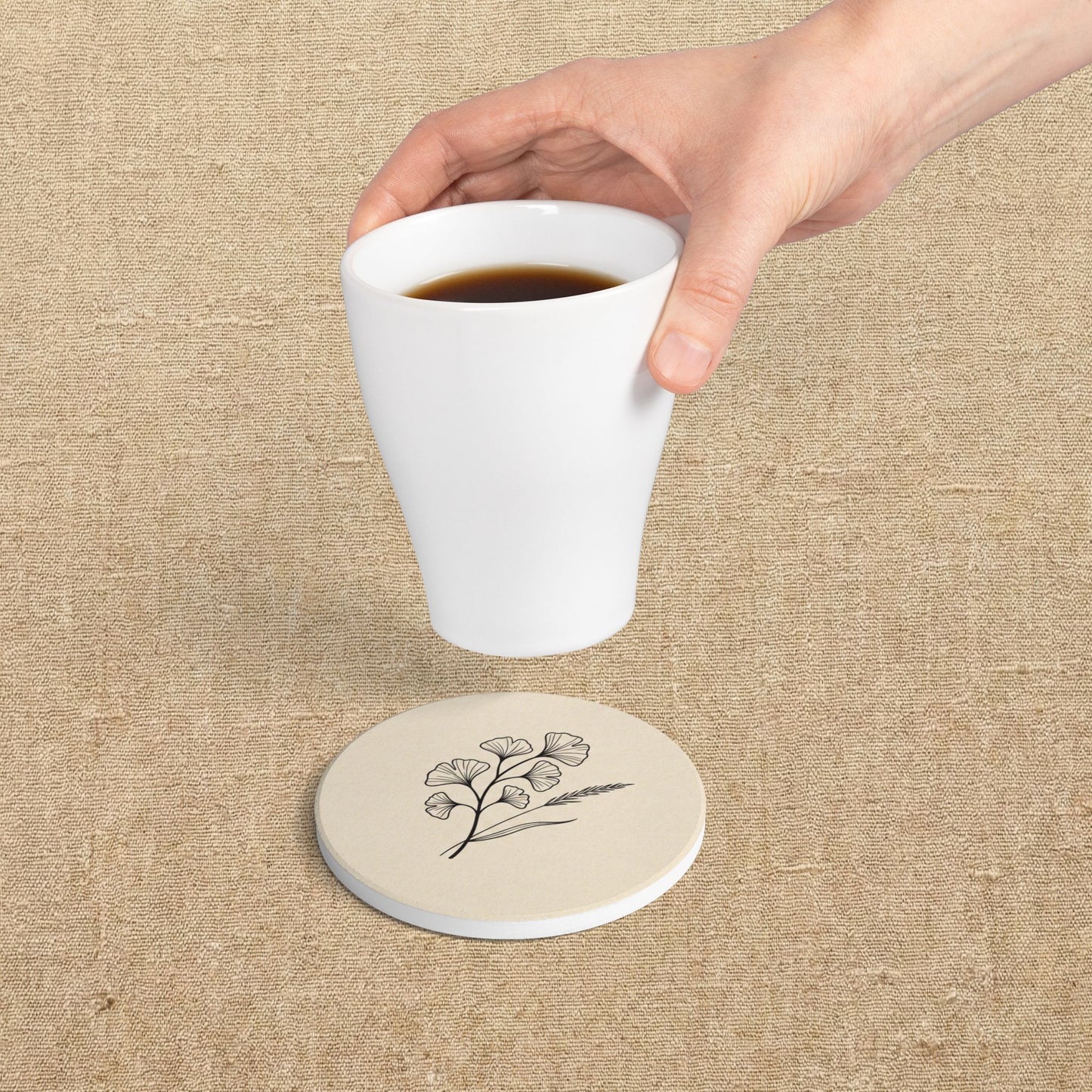 Ginkgo Biloba Ceramic Coaster | Minimalist Botanical Drink Mat | Warm Japandi Boho Kitchen Decor | Housewarming Gift for Her