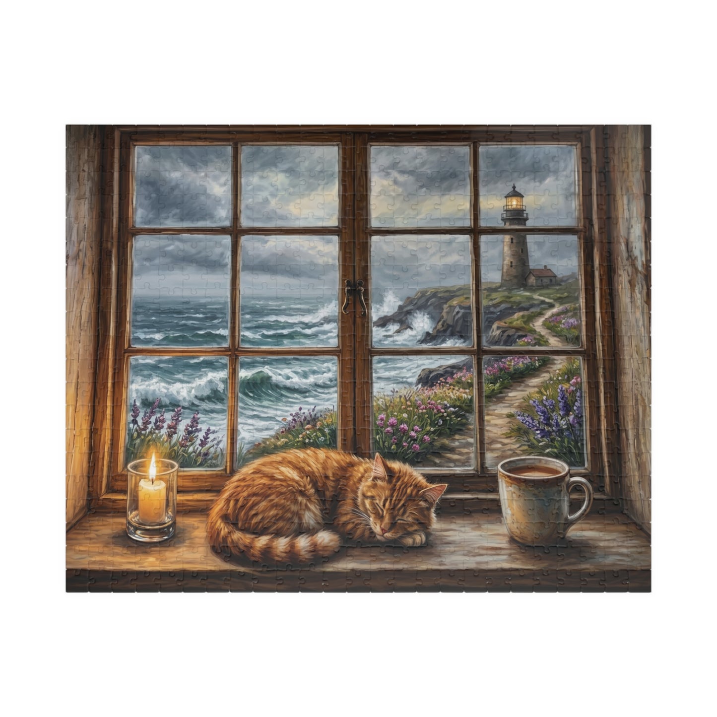 Cozy Cat Lighthouse Window Puzzle | Seaside Evening, Stormy Coastline, Scene