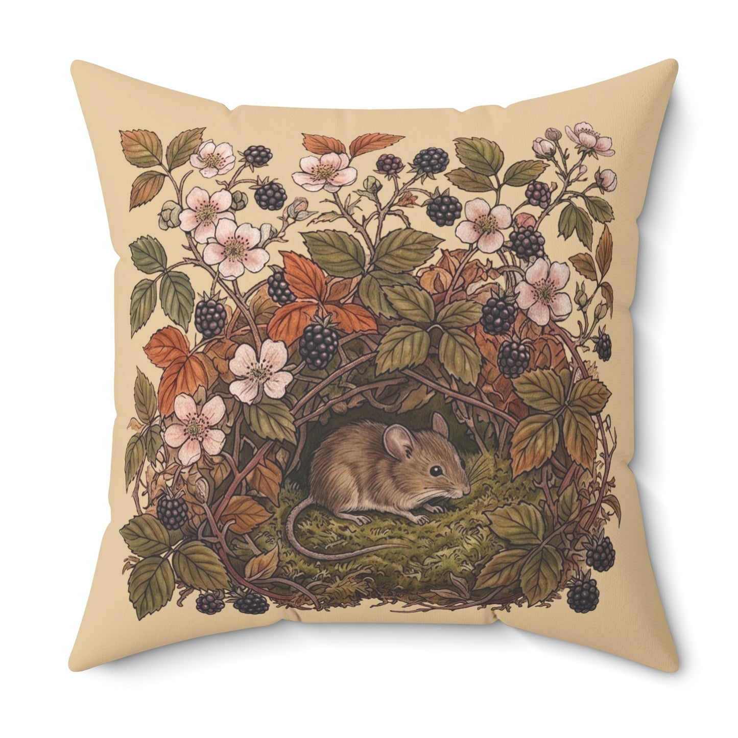 Woodland Mouse Nest Pillow | Vintage Botanical Brambles Illustration