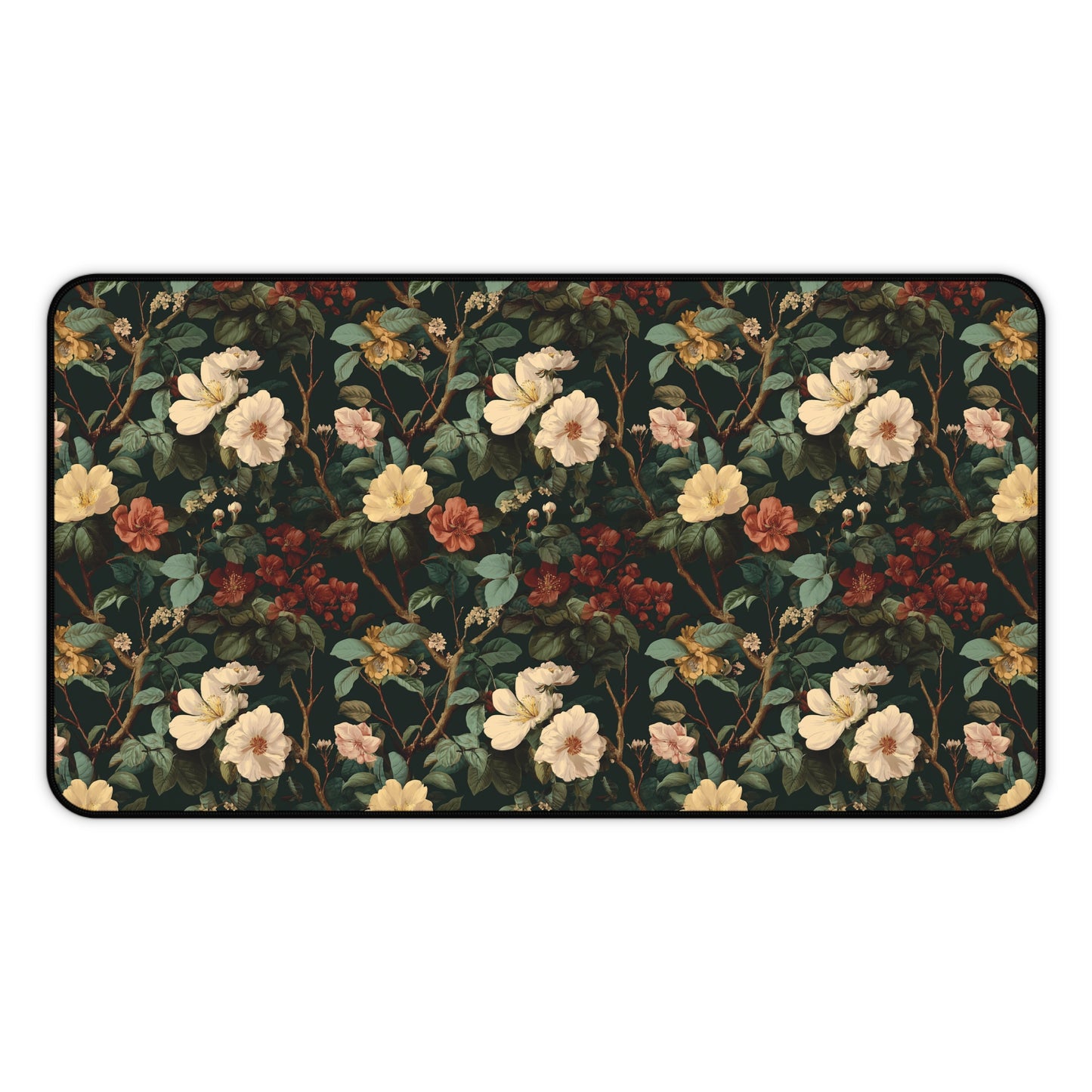 Vintage Botanical Floral Desk Mat | Dark Green Rose Pattern
