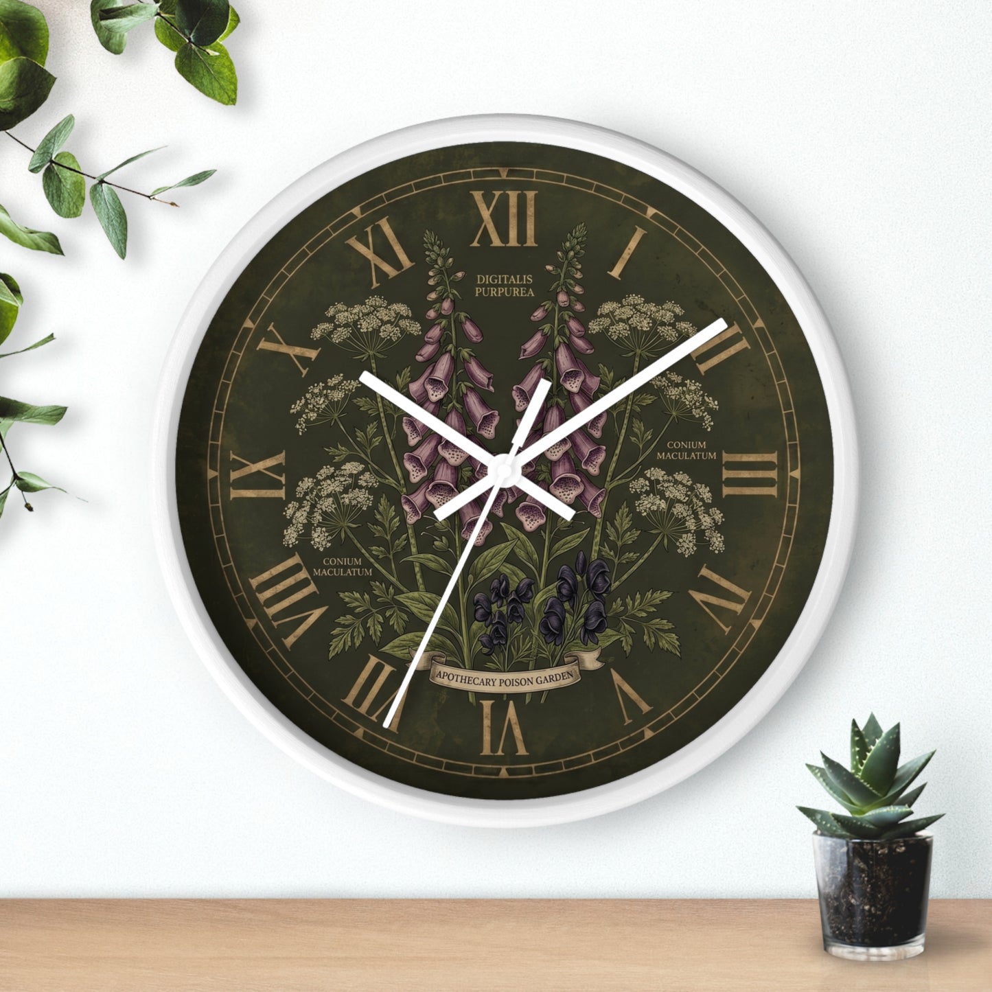 Vintage Botanical Foxglove Wall Clock | Apothecary Poison Garden, Roman Numerals, Dark Green Floral
