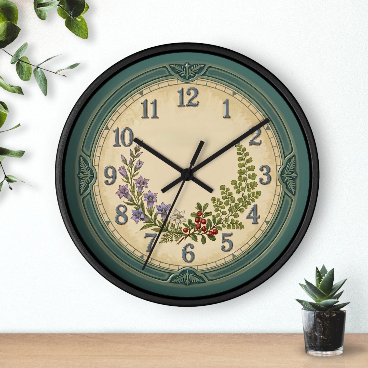 Coastal Turquoise Botanical Wall Clock | Lavender, Fern & Berries Clock