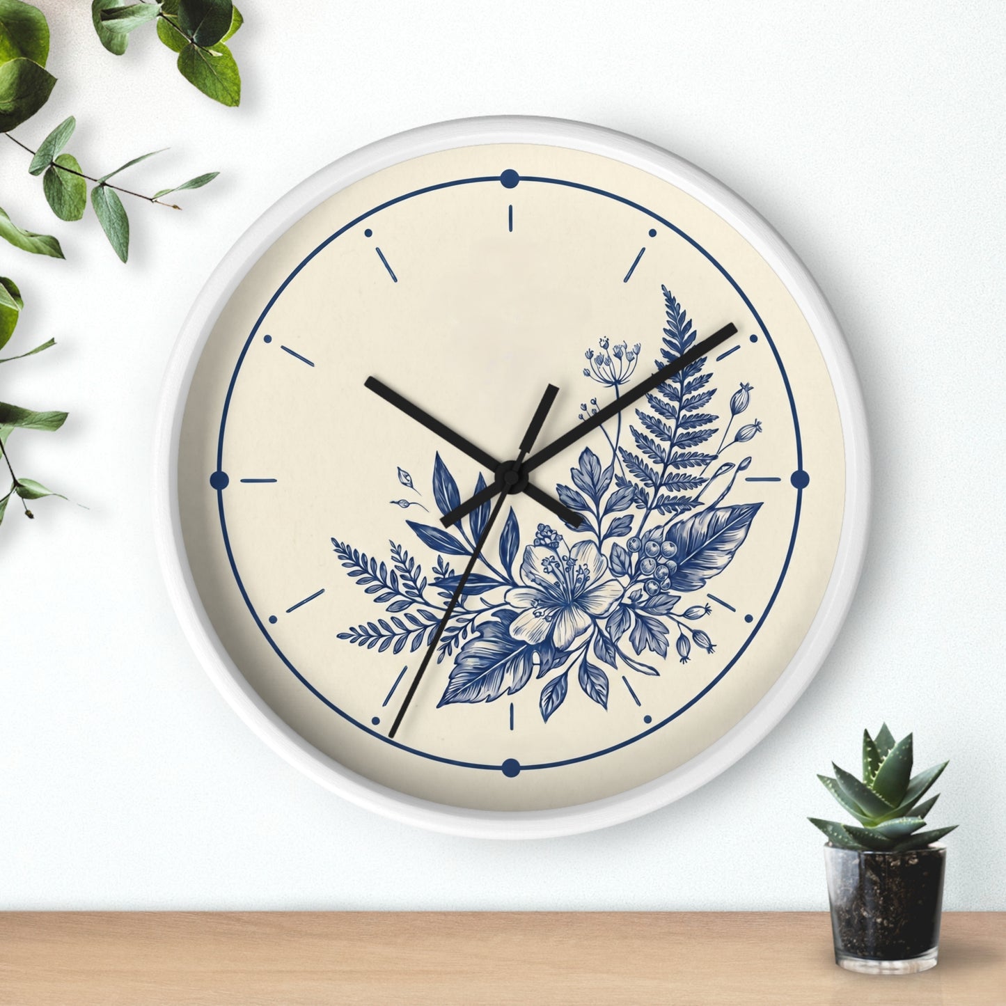 Blue Floral Illustration Wall Clock | Coastal Botanical Flower Clock