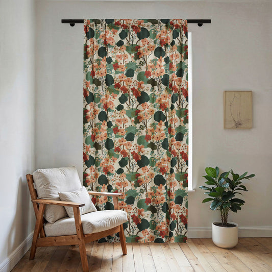 Vintage Floral Pattern Sheer Window Curtain | Botanical Blooms, Green and Terracotta