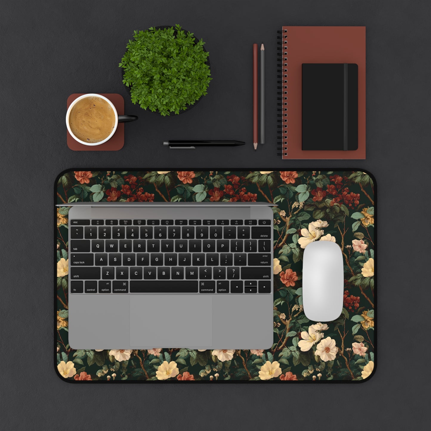Vintage Botanical Floral Desk Mat | Dark Green Rose Pattern