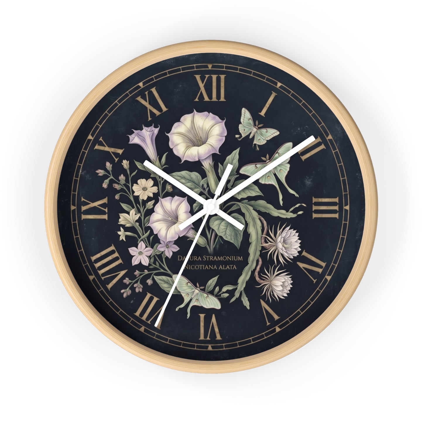 Datura Stramonium Illustration  Wall Clock | Vintage Botanical Floral, Roman Numerals, Dark Background