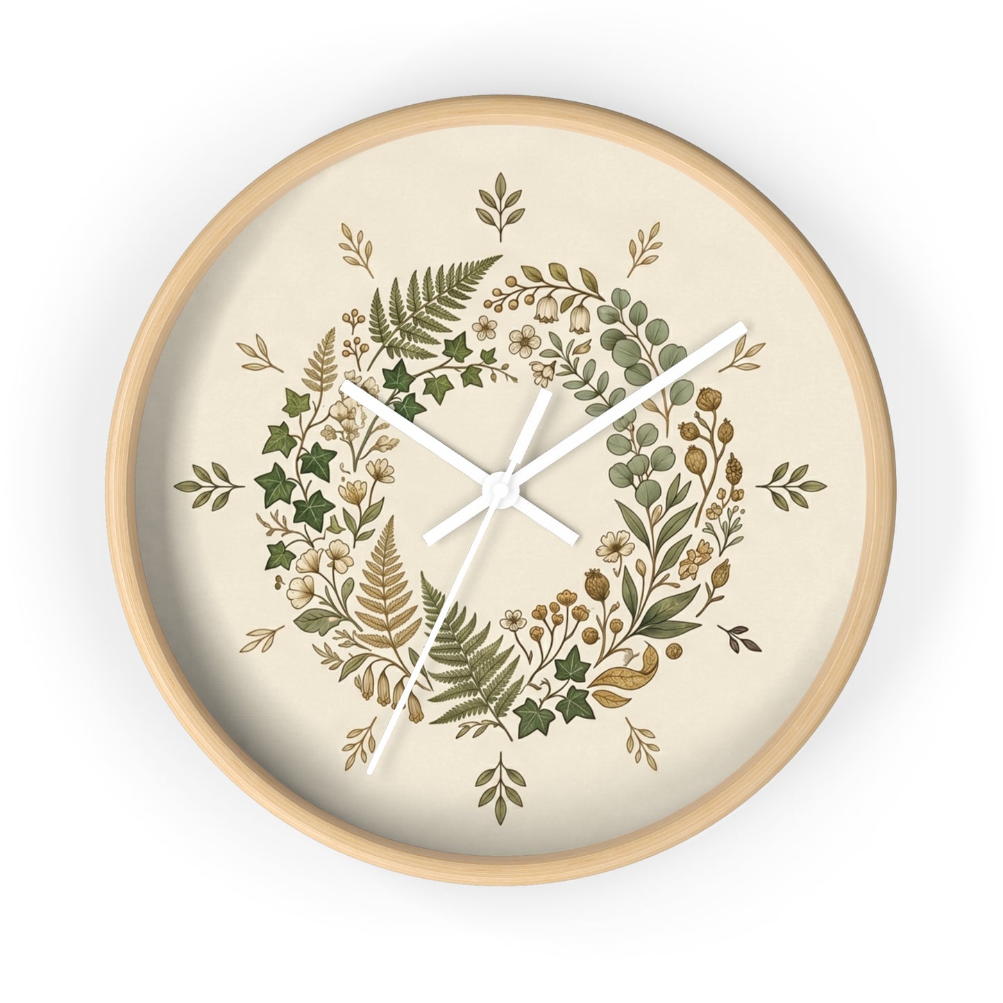 Botanical Wreath Wall Clock | Neutral Fern Floral Clock