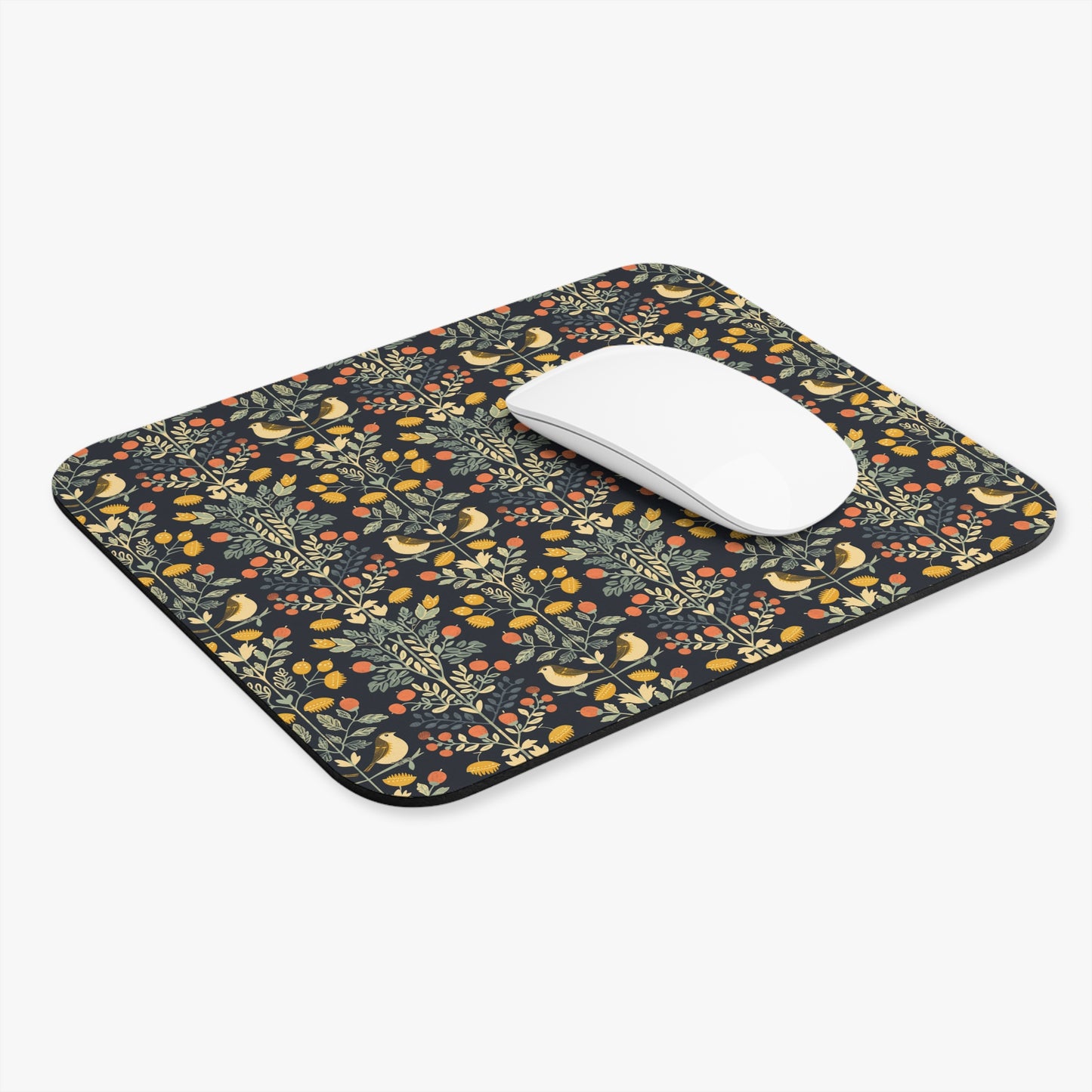 Folk Bird Floral Pattern Mouse Pad | Dark Botanical Woodland