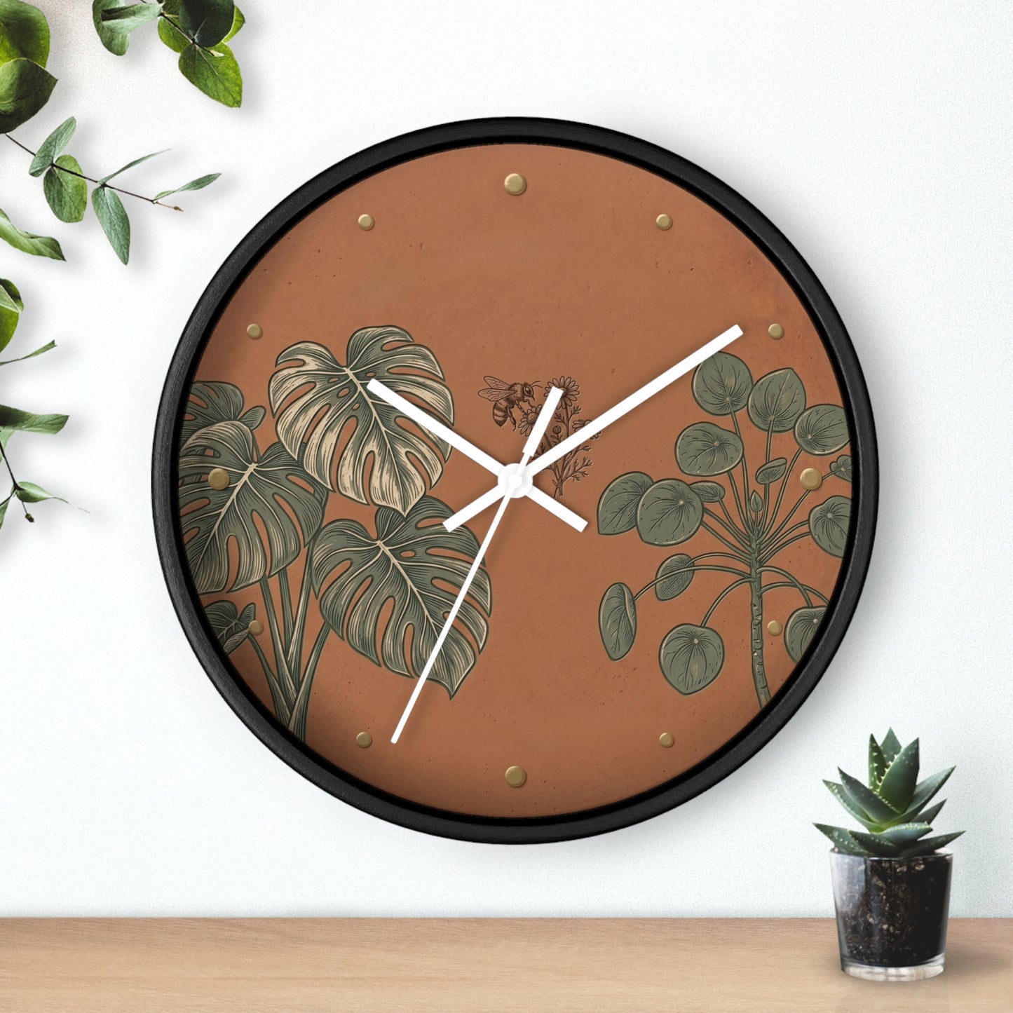 Monstera & Pilea Illustration Wall Clock | Terracotta Botanical Clock