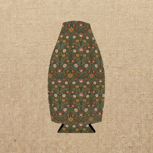 Vintage Cottagecore Floral Pattern Zip-Up Bottle Cooler Sleeve | Green Tulip Design