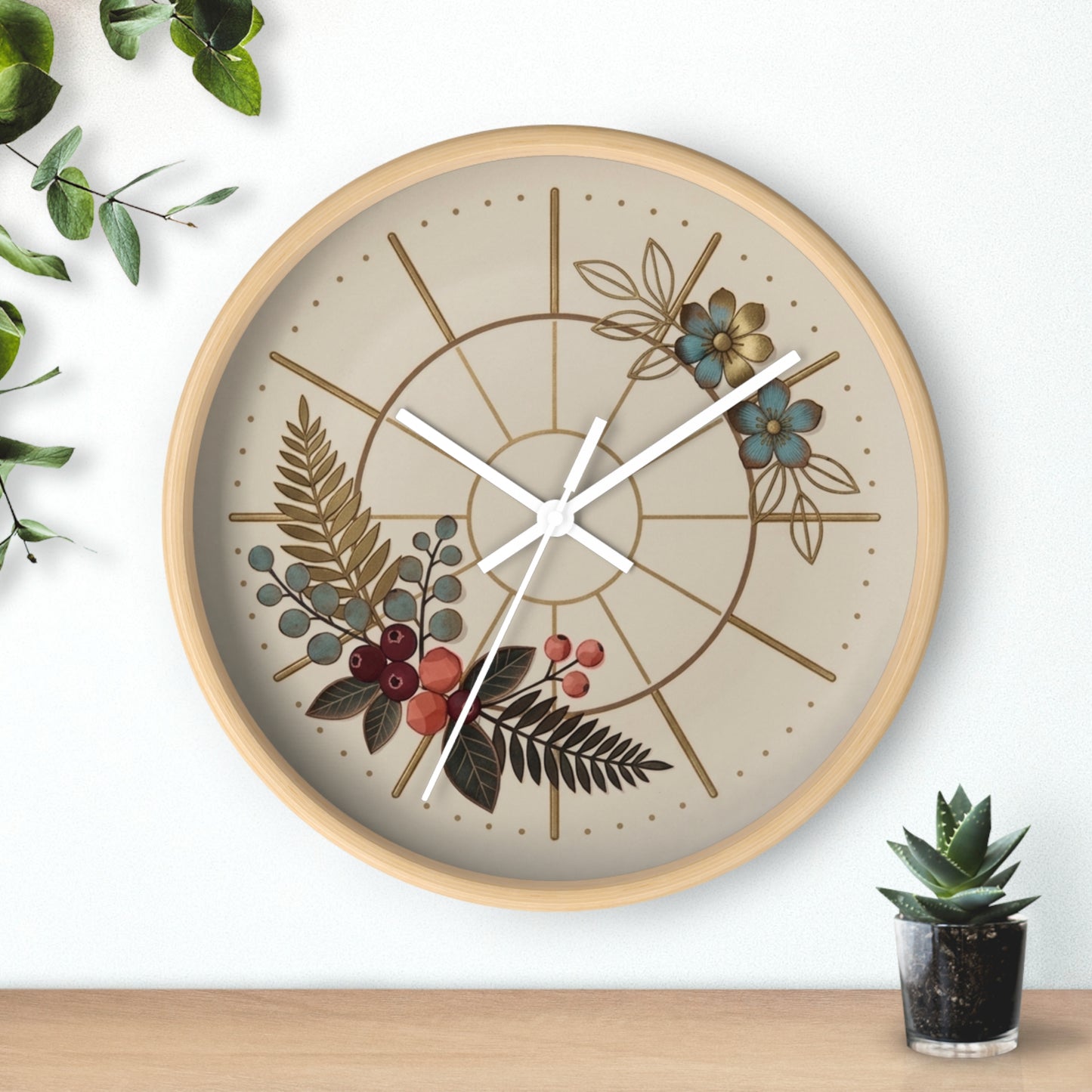 Botanical Floral Clock Wall Clock | Neutral Beige Flower Fern Design