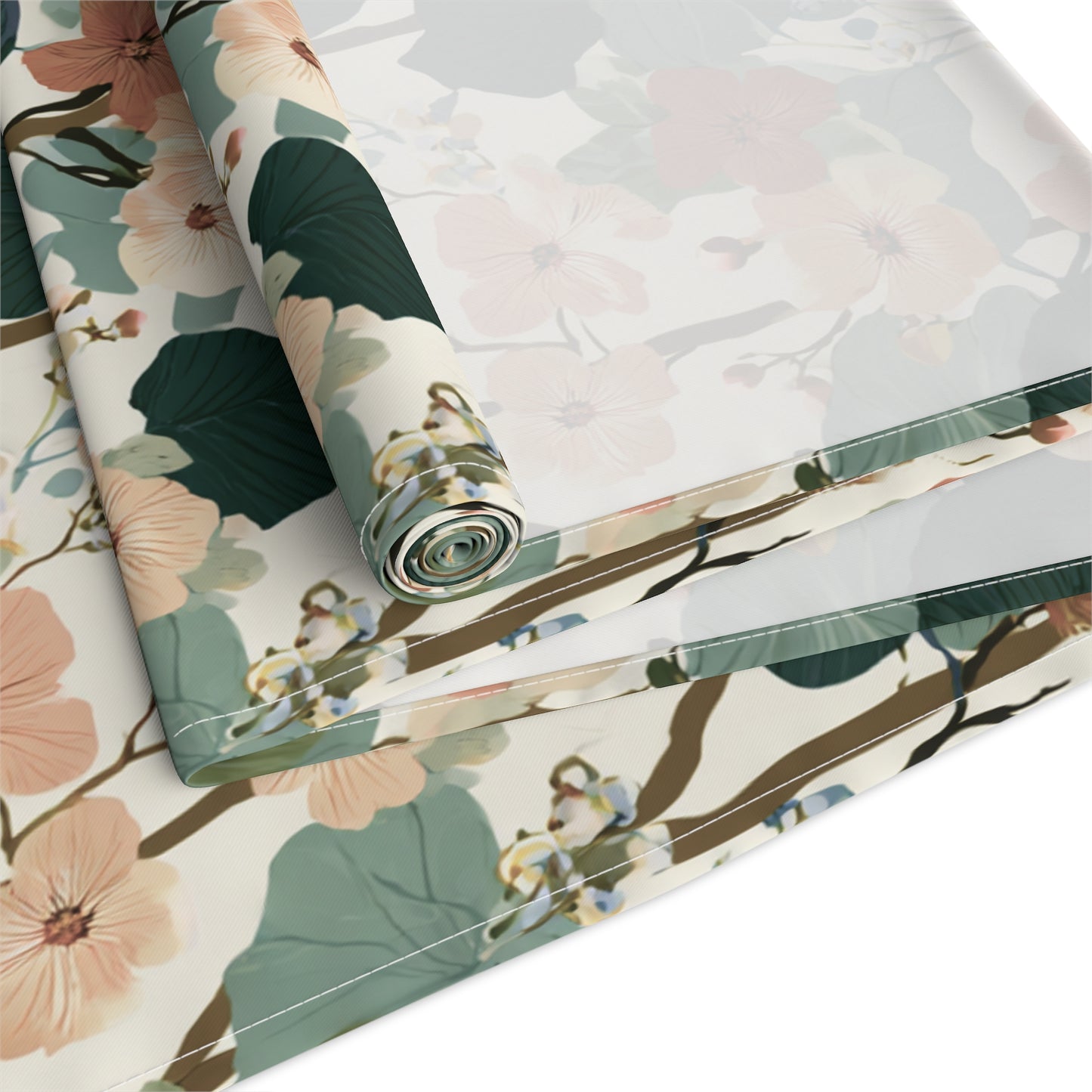 Vintage Floral Pattern Table Runner | Green Peach Cotton-Poly Blend