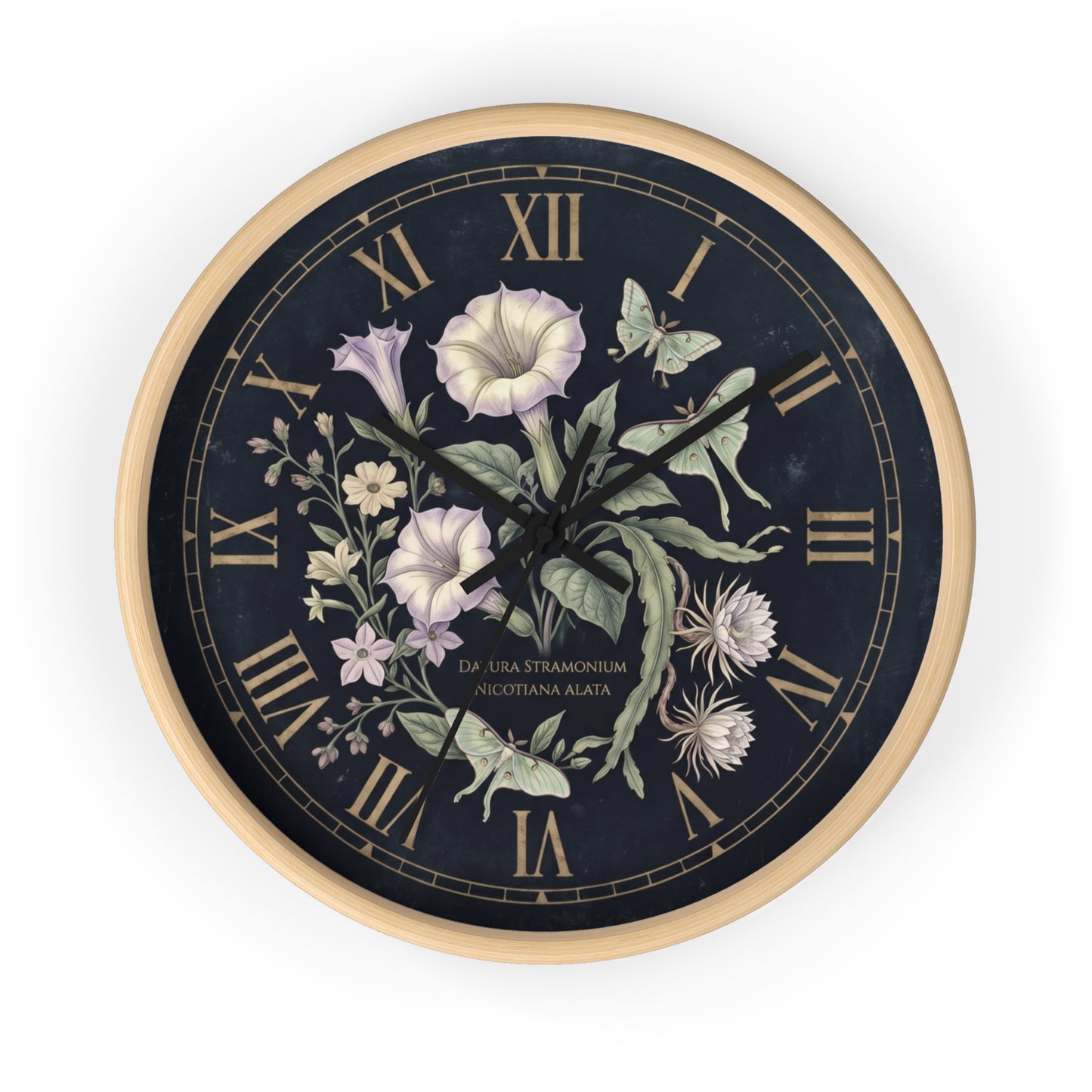 Datura Stramonium Illustration  Wall Clock | Vintage Botanical Floral, Roman Numerals, Dark Background