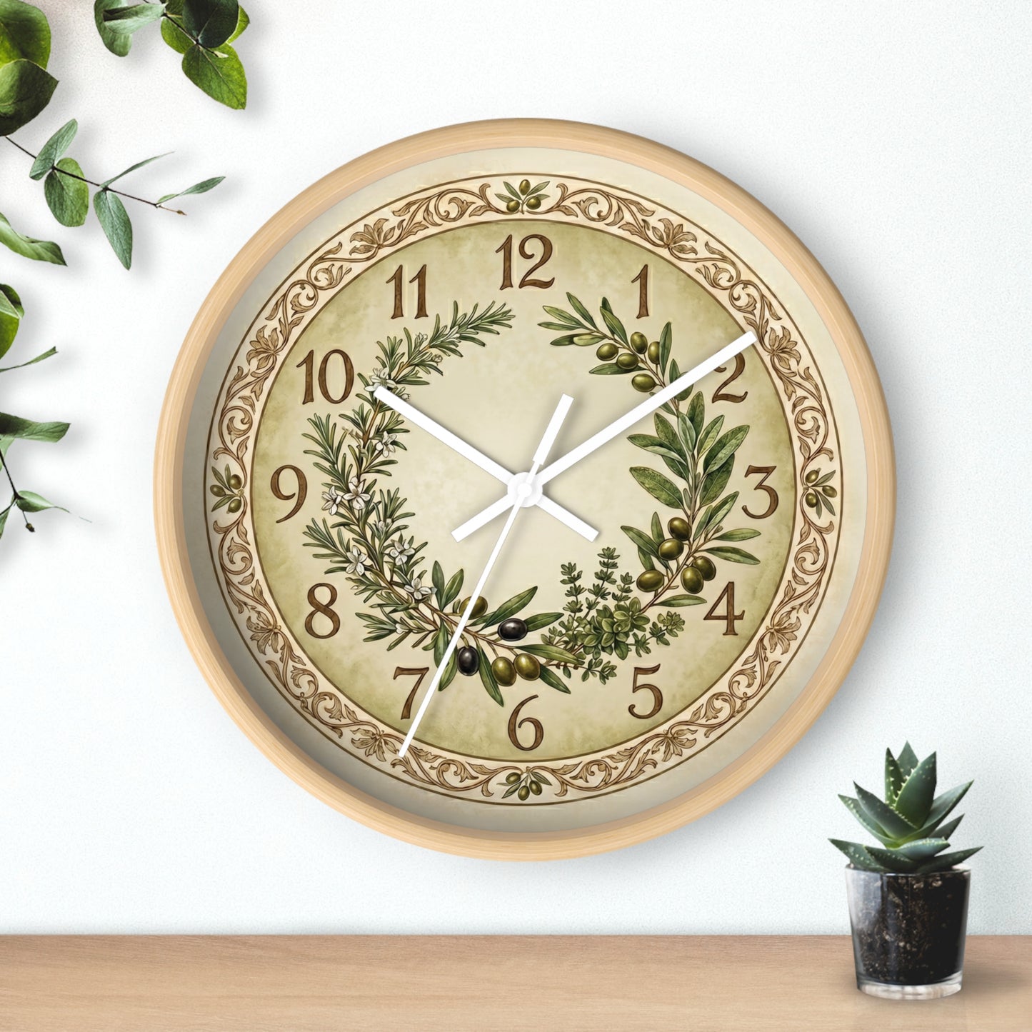 Herb Wreath Wall Clock | Olive & Rosemary Kitchen Clock, Rustic Botanical Decor