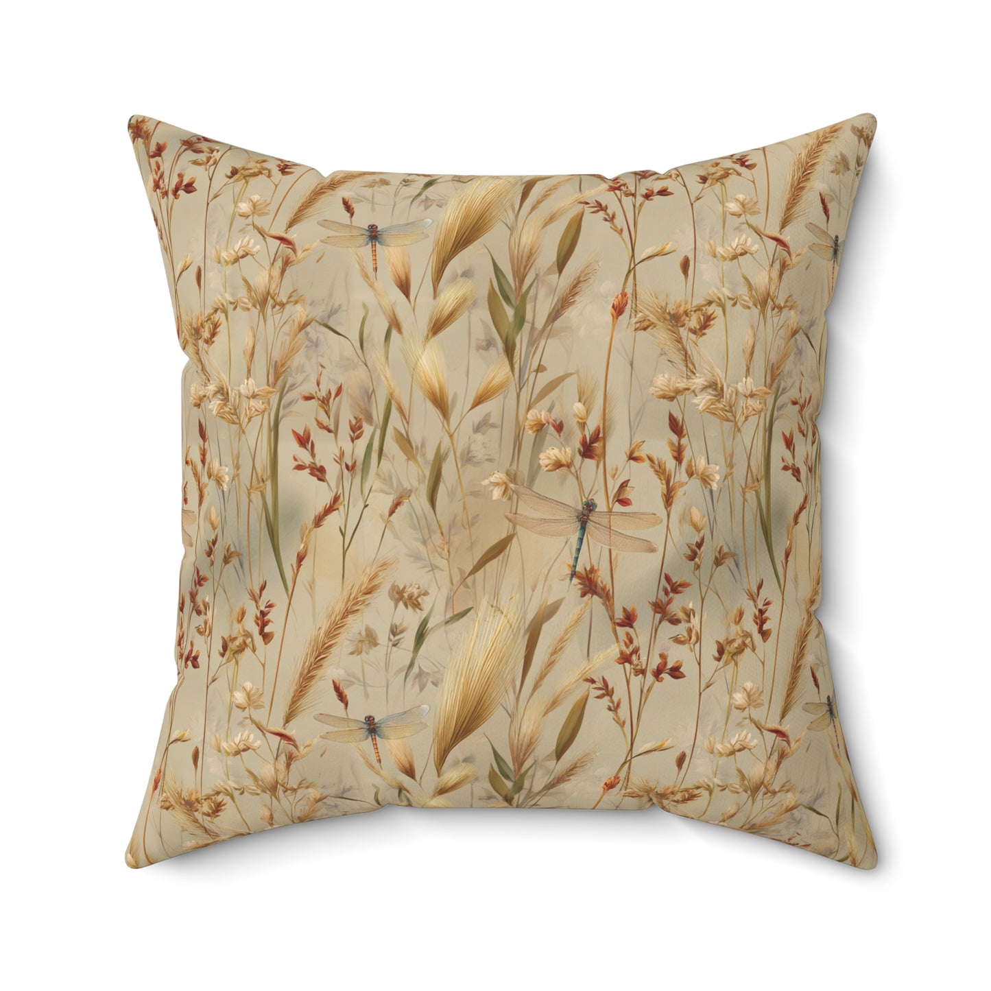 Neutral Botanical Print Pillow | Dried Wildflower Dragonfly Pattern, Square Throw Pillow