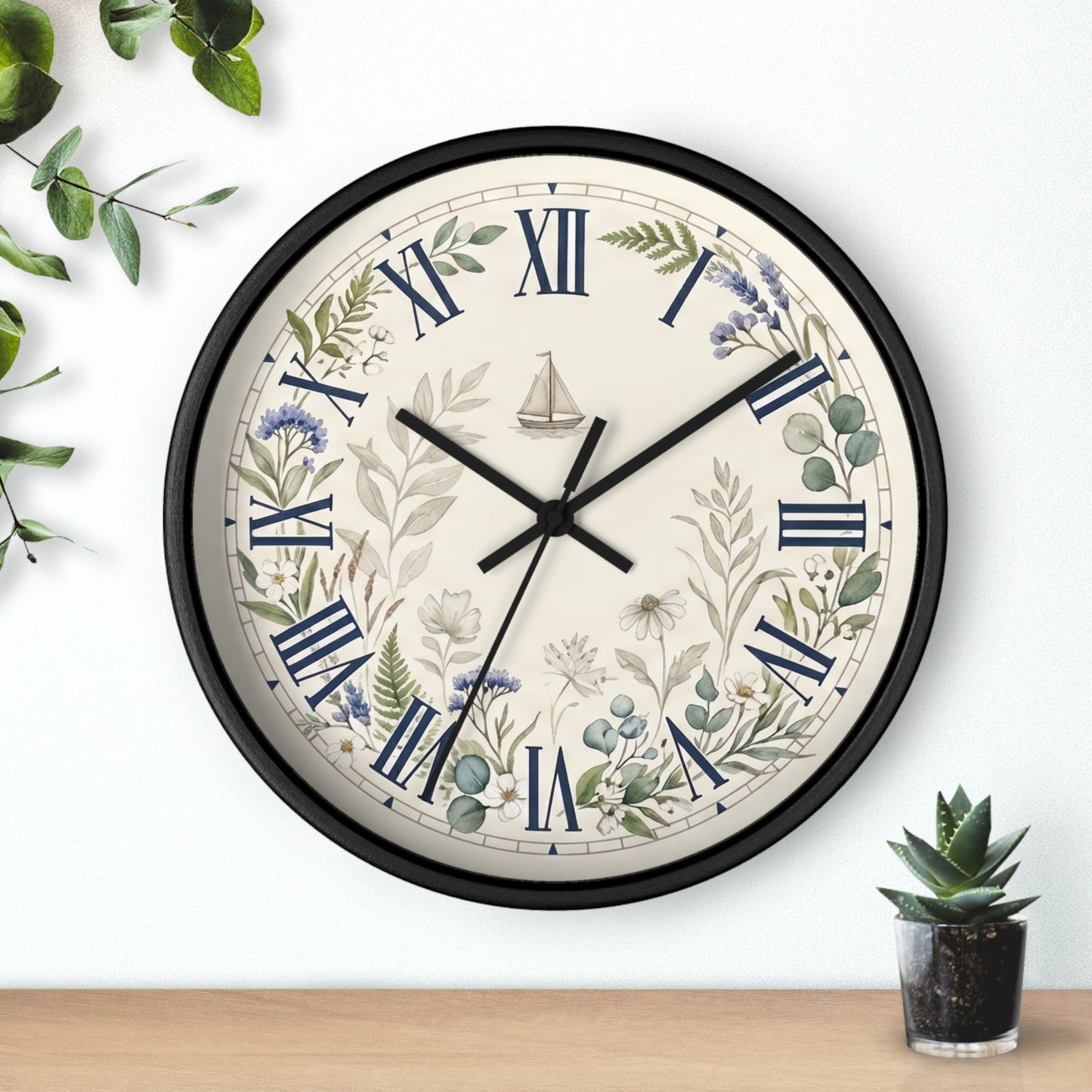 Nautical Floral Roman Numeral Wall Clock | Coastal and Greenery