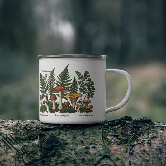 Vintage Botanical Mushroom Illustration Enamel Camping Mug | Ferns & Fungi