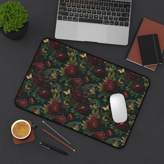 Dark Vintage Rose Desk Mat | Floral Pattern Mouse Pad, Victorian Botanical