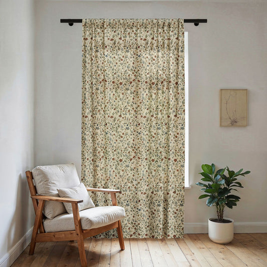 Tiny Floral Pattern Sheer Window Curtain | Neutral Botanical Drapery