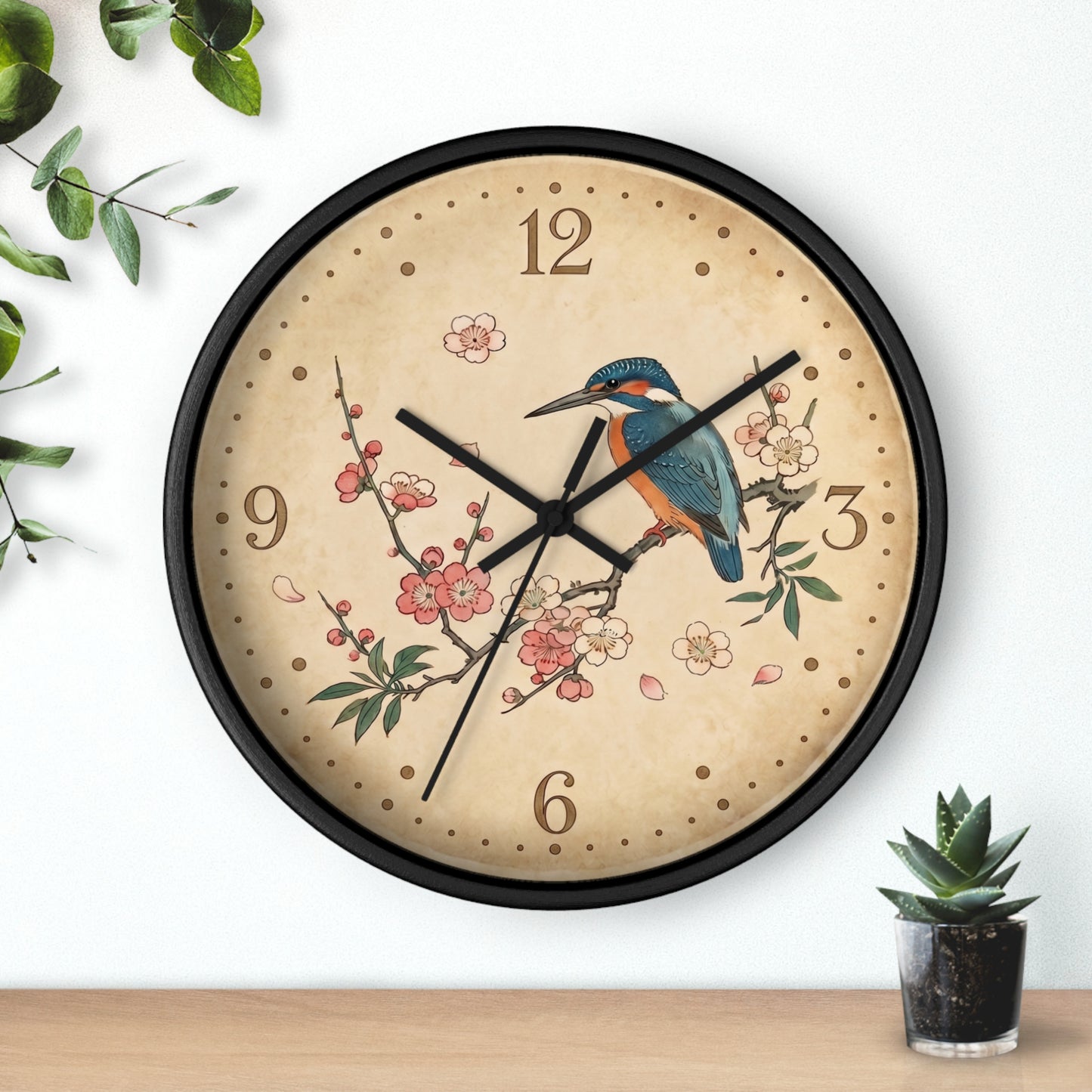 Kingfisher on Cherry Blossom Wall Clock | Kacho-ga Vintage Japanese Bird Floral Clock