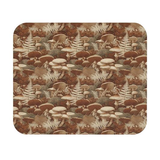 Brown Mushroom Fern Pattern Mouse Pad | Forest Fungi Desk Mat