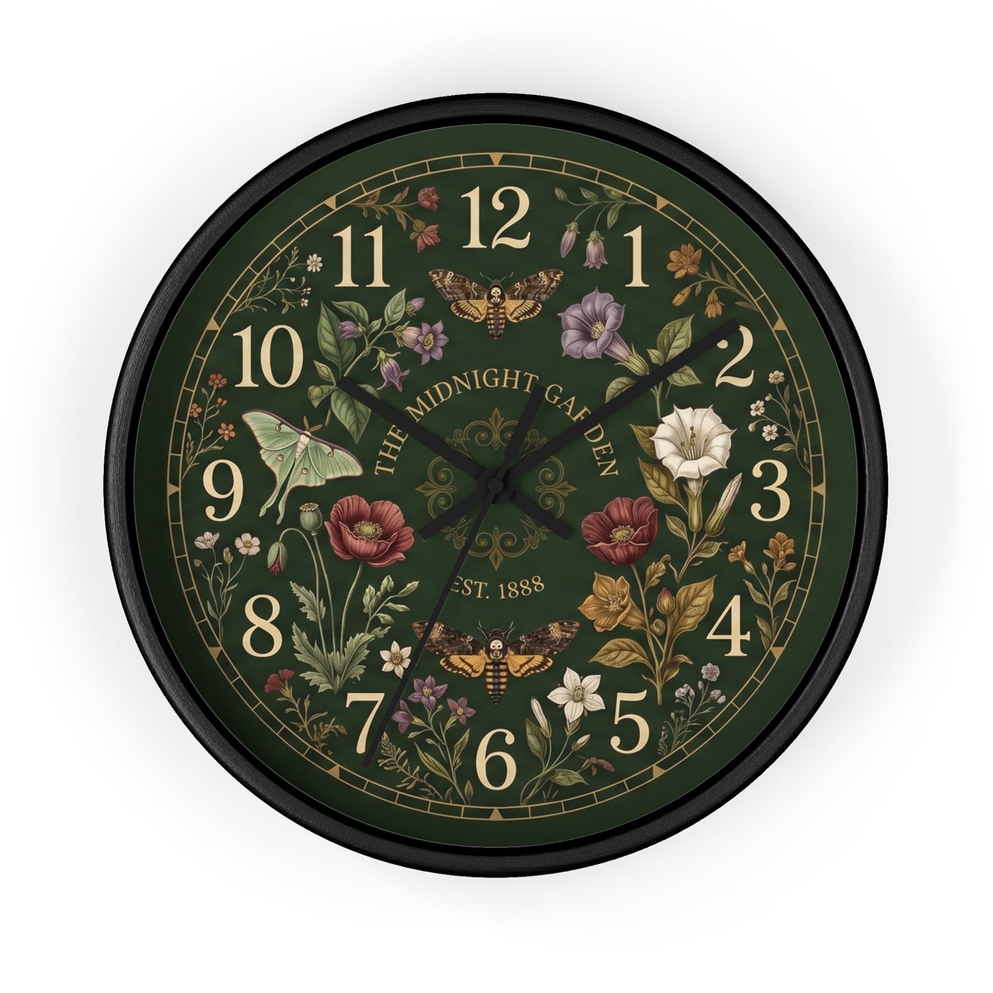 Vintage Floral Garden Clock | Botanical Wall Clock, Dark Green Floral Design