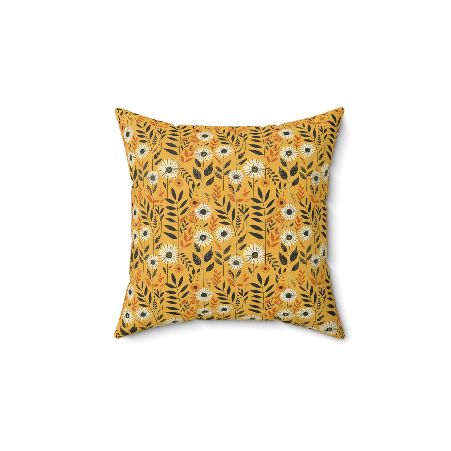 Yellow Floral Pattern Pillow | Daisies and Leaves Square Pillow