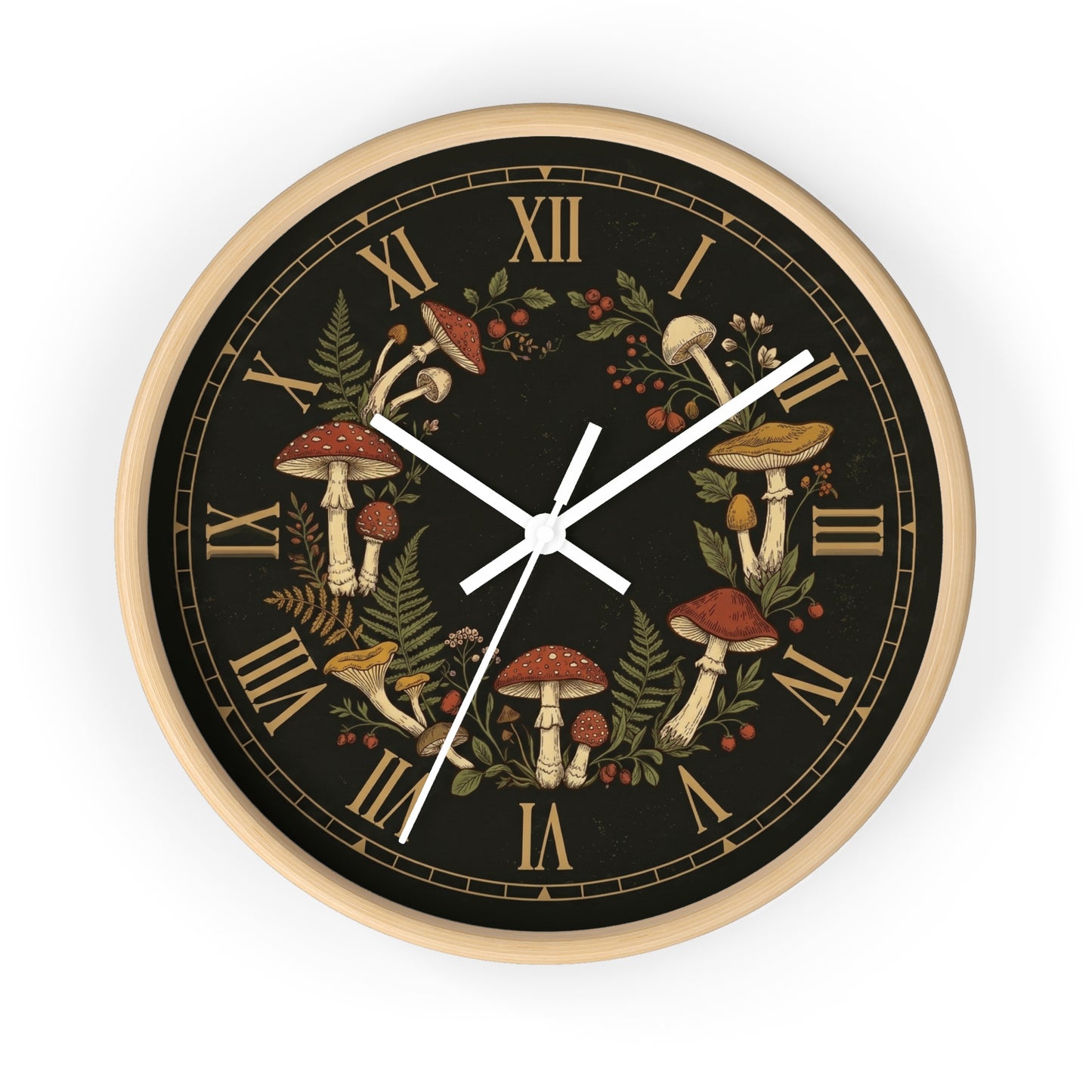 Vintage Mushroom Wreath Wall Clock | Botanical Roman Numerals