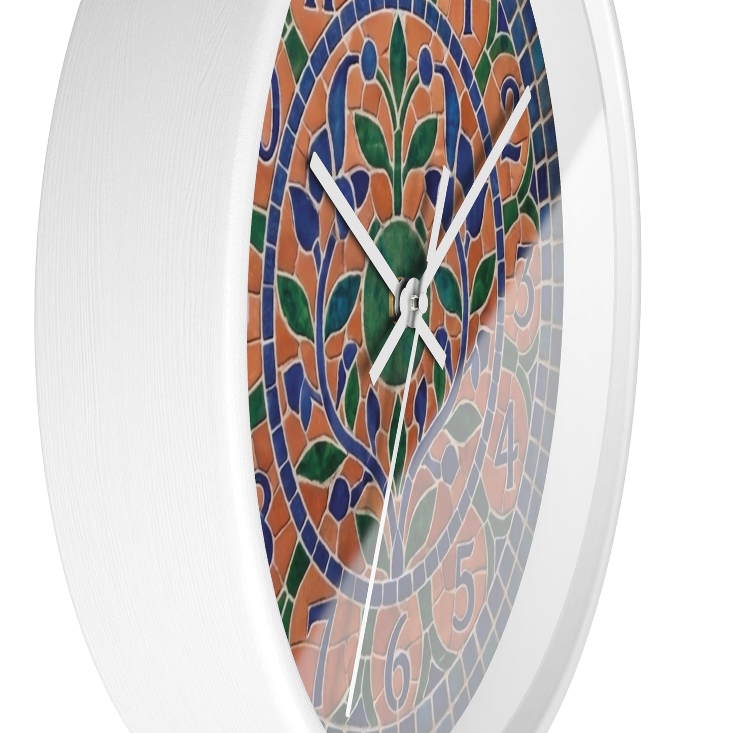 Mosaic Style Wall Clock - Terracotta Azure Blue Floral Print, Mediterranean Botany Decor