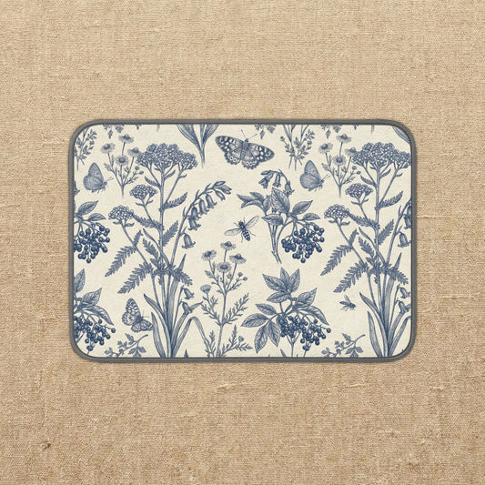 Blue Botanical Floral Pattern Microfiber Kitchen Dish Mat | Vintage Wildflowers