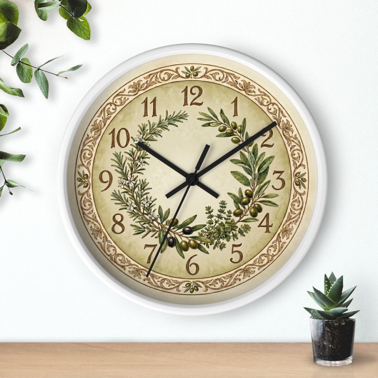 Herb Wreath Wall Clock | Olive & Rosemary Kitchen Clock, Rustic Botanical Decor