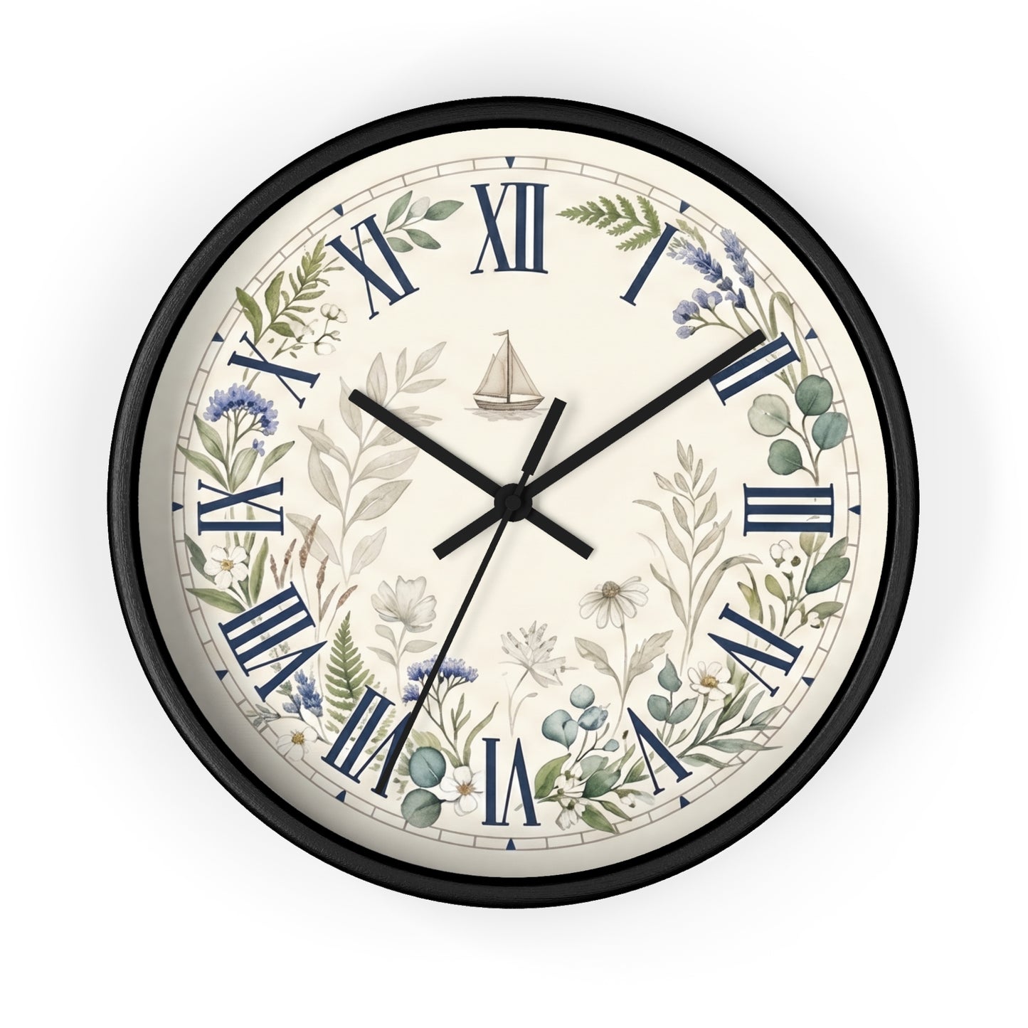 Nautical Floral Roman Numeral Wall Clock | Coastal and Greenery