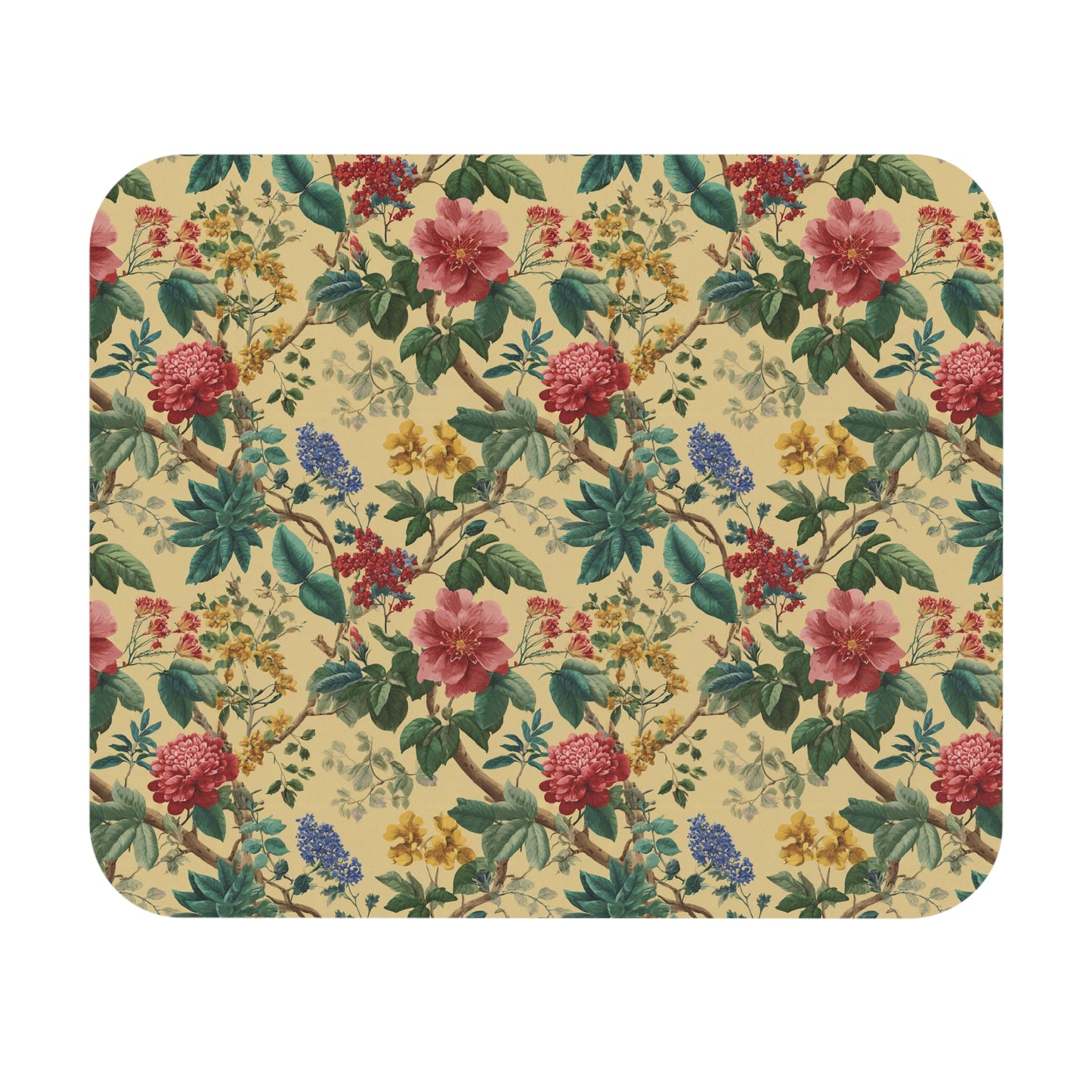 Vintage Floral Pattern Mouse Pad | Botanical Roses, Yellow Background