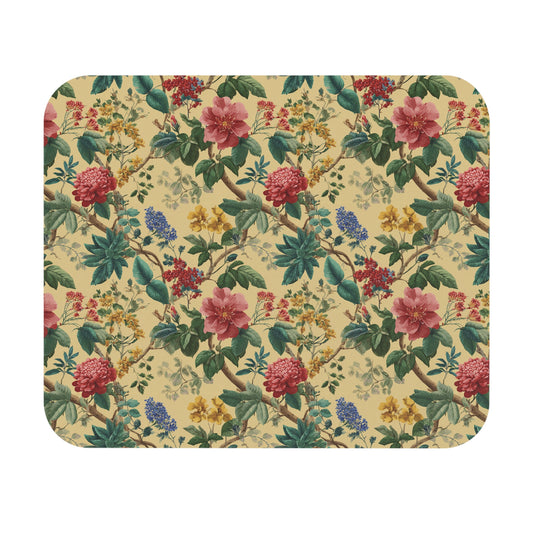 Vintage Floral Pattern Mouse Pad | Botanical Roses, Yellow Background