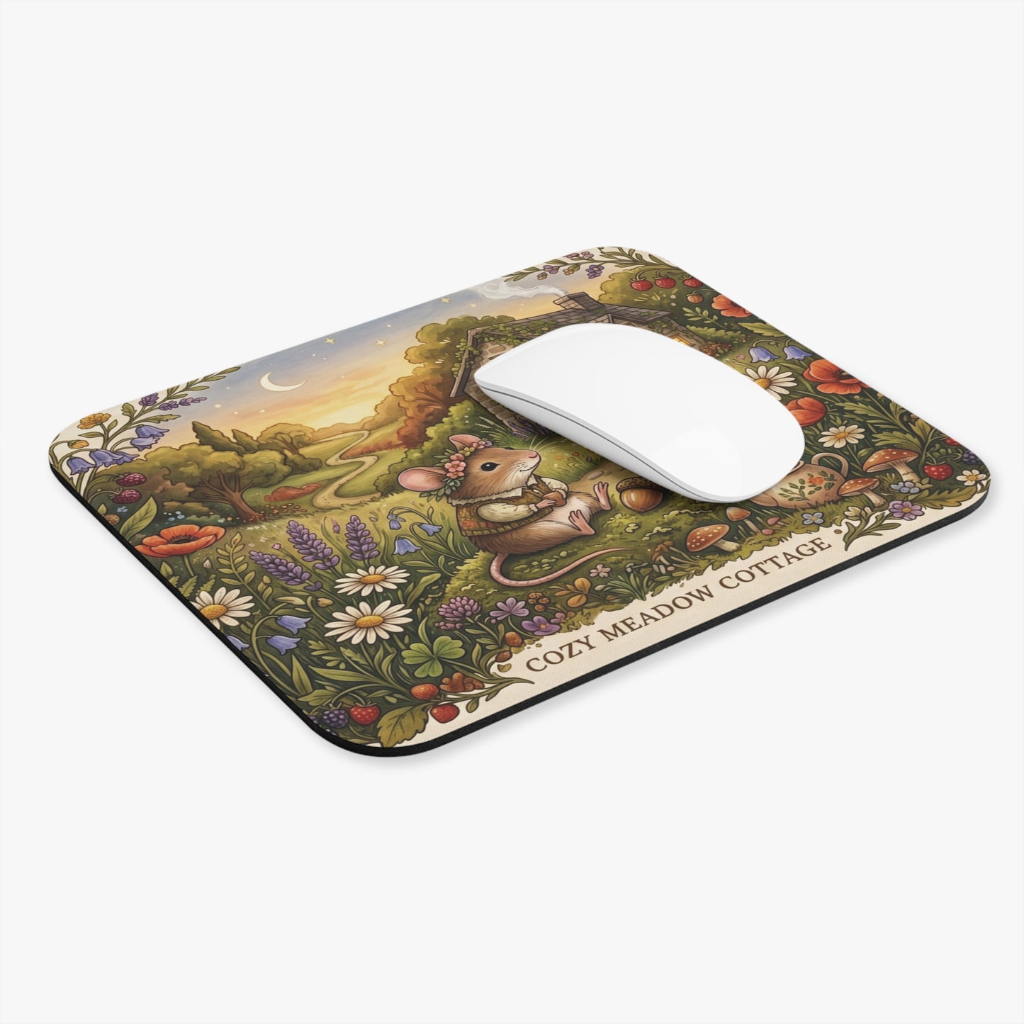 Illustrated Mouse Pad | Cozy Meadow Cottage, Floral Garden Scene