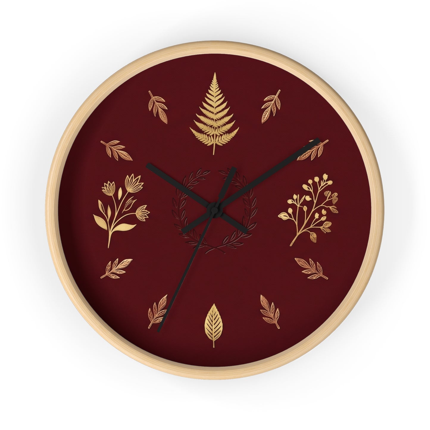 Gold Botanical Leaves Wall Clock | Maroon Floral Fern Home Decor