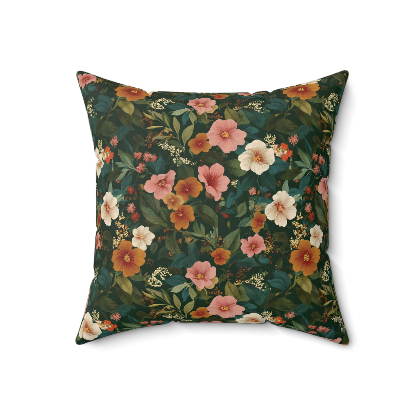 Vintage Floral Pattern Square Pillow | Dark Green Pink Orange Blossoms