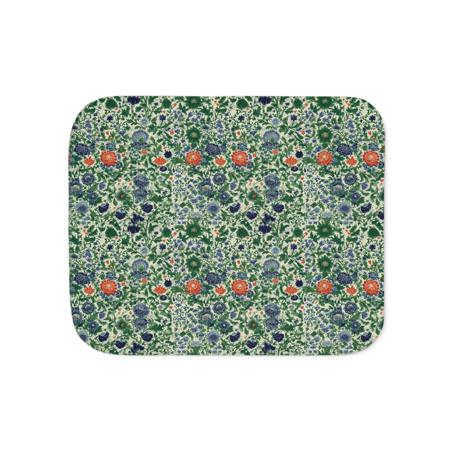 Floral Botanical Pattern Sherpa Blanket | Green Orange Vintage Garden