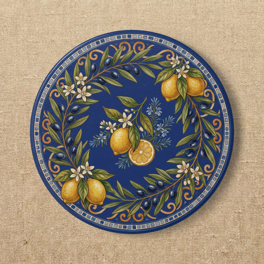 Blue Mediterranean Coaster | Vintage Lemon and Olive Ceramic Drink Mat | Italian Tile Kitchen Decor | Cottagecore Housewarming Gift