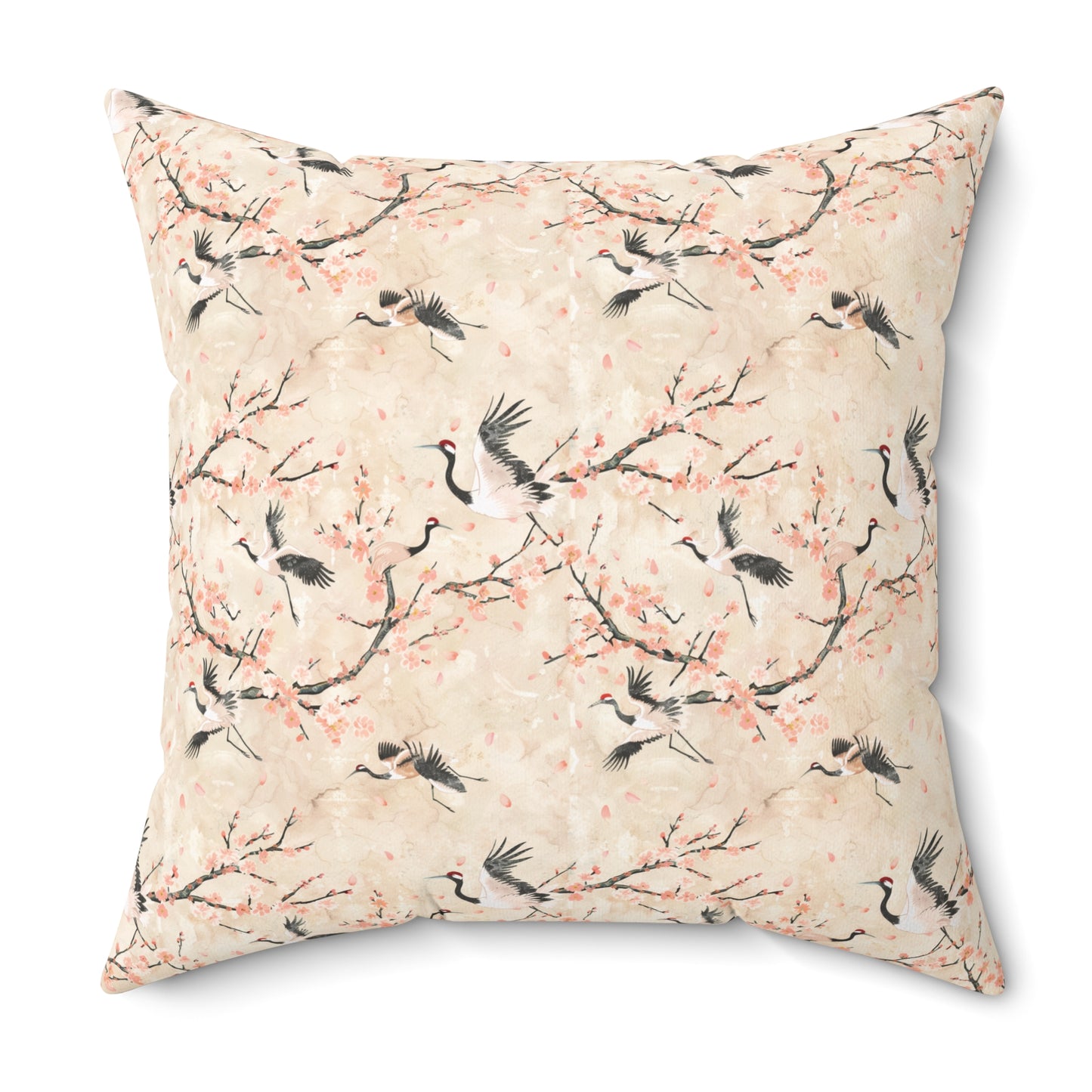 Cherry Blossom Crane Pillow | Floral Japanese Stork Pattern Square Pillow