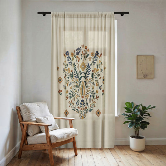 Boho Floral Motif Sheer Window Curtain | Folk Floral Design