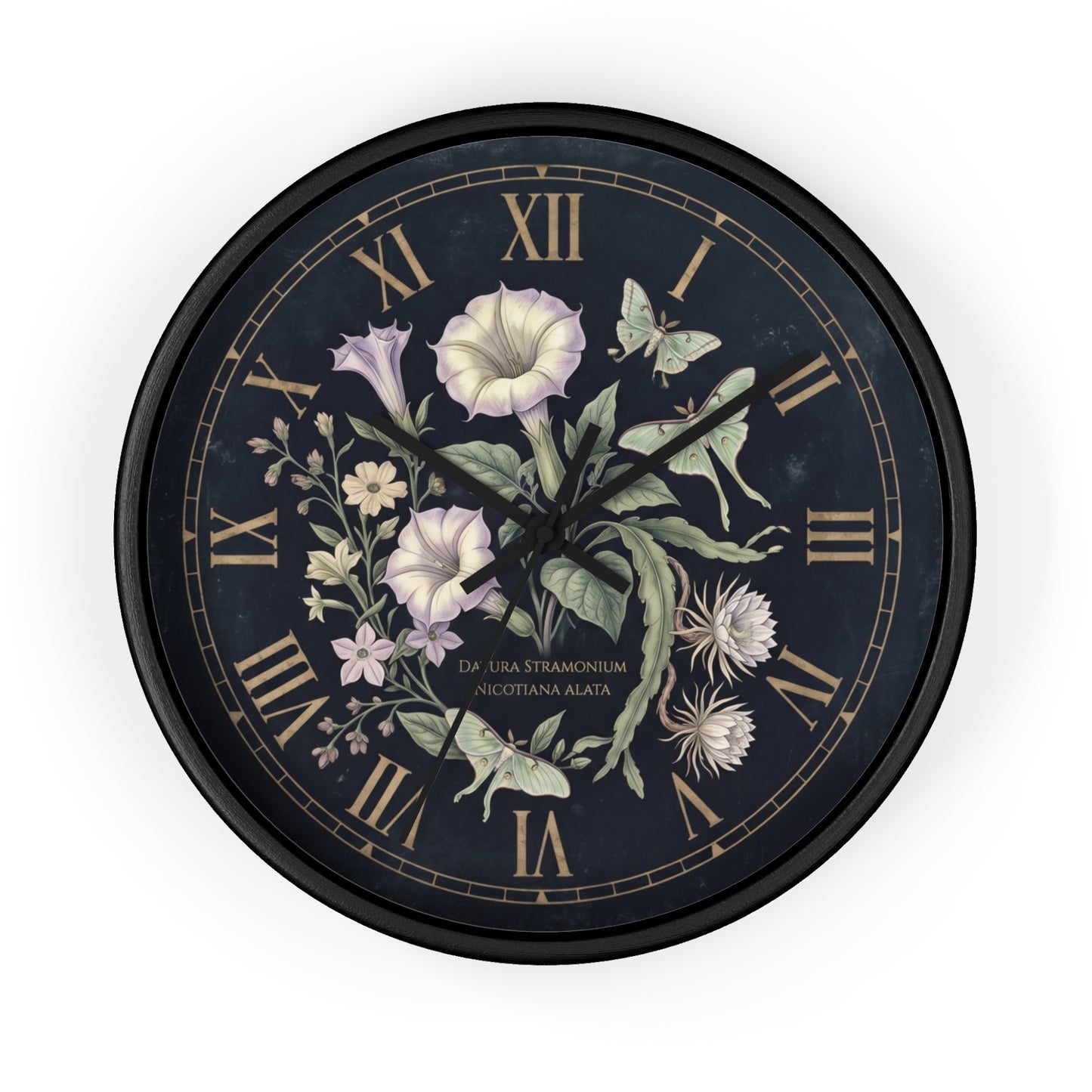 Datura Stramonium Illustration  Wall Clock | Vintage Botanical Floral, Roman Numerals, Dark Background
