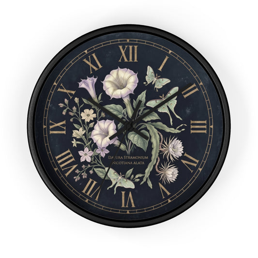 Datura Stramonium Illustration  Wall Clock | Vintage Botanical Floral, Roman Numerals, Dark Background