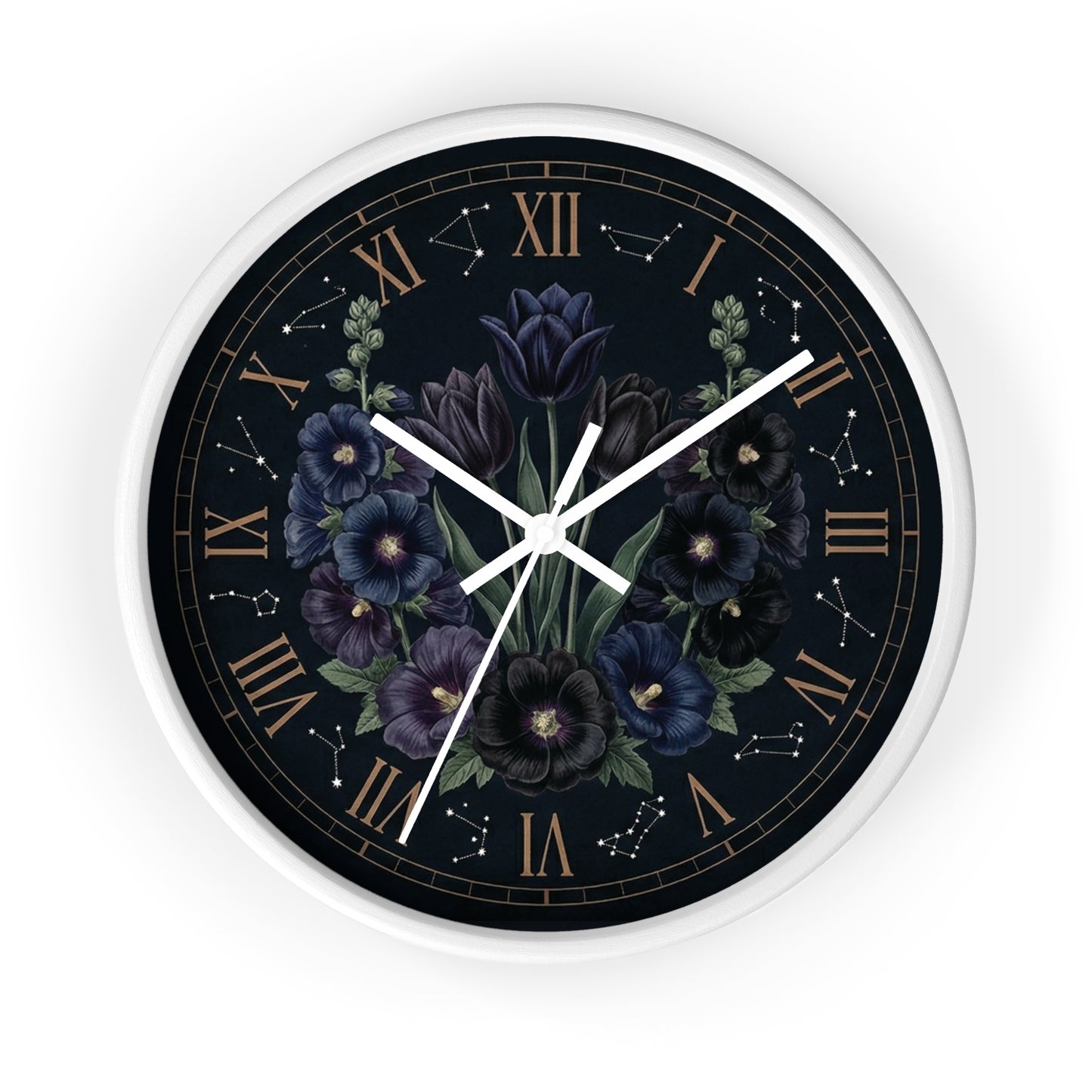 Midnight Violet Florals Wall Clock | Roman Numerals, Constellation Accents