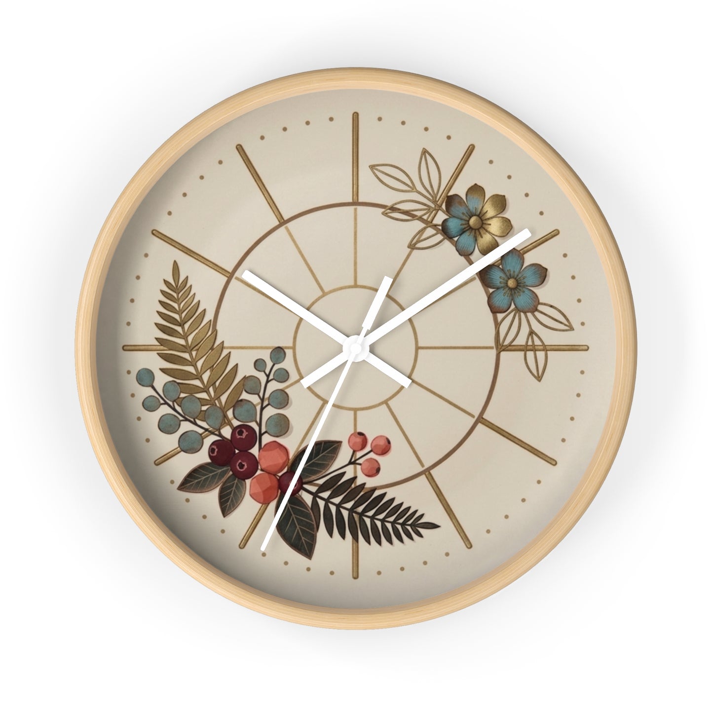 Botanical Floral Clock Wall Clock | Neutral Beige Flower Fern Design