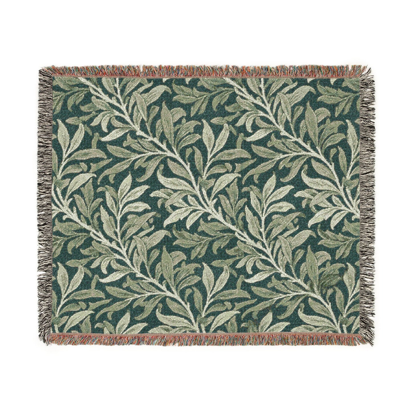 Olive Leaf Pattern Woven Blanket | Botanical Throw, Tapestry Fringe